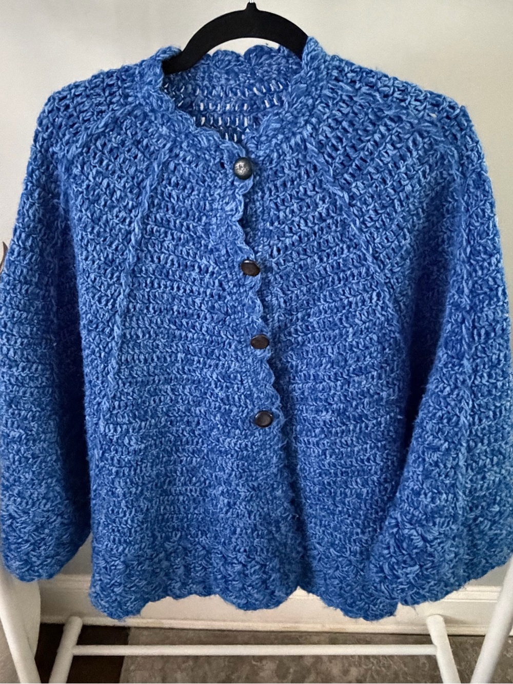 Hand Crocheted Bright Blue Scalloped Button Down Capelet Wrap poncho